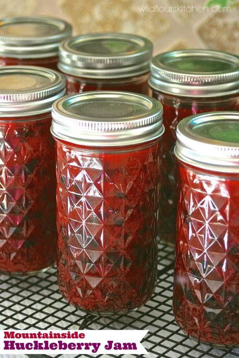 Mountainside Huckleberry Jam - Wildflour's Cottage Kitchen Huckleberry Jam Recipe Canning, Huckleberry Bush, Idaho Living, Huckleberry Recipes, Huckleberry Jam, Canning Granny, Low Sugar Jam, Pie Fillings, Dehydrating Food