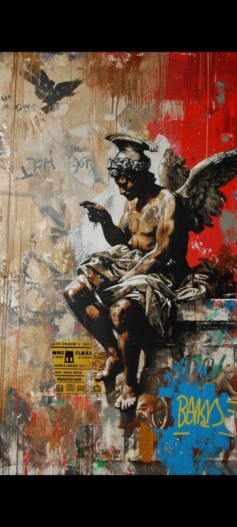 Pop Graffiti Art, Most Popular Art Paintings, Grafitti Artists, Banksy Wallpaper, Sitting On A Ledge, Aesthetic Graffiti, Street Art Poster, Industrial Artwork, Angel Sitting