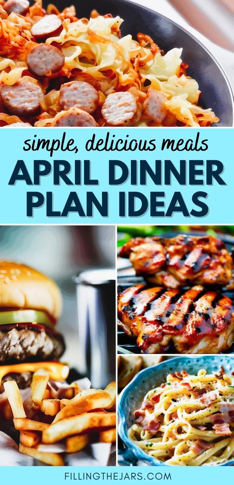 Text April dinner plan ideas on turquoise banner over multiple finished dinner images. Dinner Planning Weekly, Spring Recipes Dinner, Holiday Meal Planning, Weekly Dinner Menu, Dinner Menu Ideas, Meal Planning Menus, Healthy Dinner Ideas, Healthy Weeknight Meals, Spring Dinner