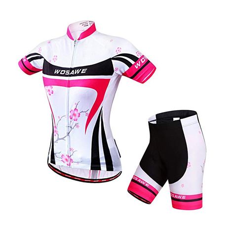 WOSAWE Women Short Sleeve Cycling Jersey and Shorts Suit, Plum Flower, Size M Women Cycling Jersey, Mtb Clothing, Cycling Suit, Bicycle Jersey, Mtb Shorts, Cycling Short, Bicycle Clothing, Padded Shorts, Women's Cycling Jersey