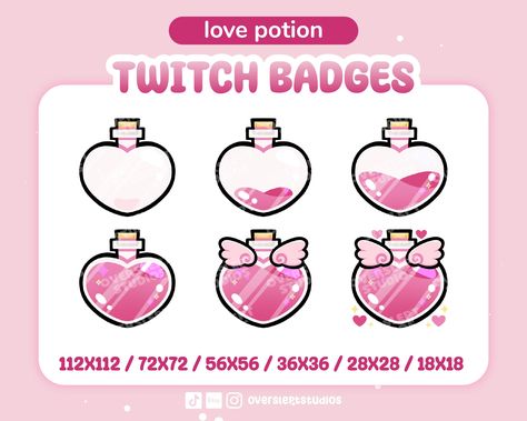 6 Love Potion Twitch Discord Badges Pack, Valentines Day, Potion Badges, Stream, Love Badges, Twitch Badges, Pink Twitch Badges Twitch Badges Free, Sub Badges For Twitch, Twitch Assets, Twitch Streaming Setup, Twitch Bits, Twitch Badges, Streaming Setup, Arte Do Kawaii, Love Potion