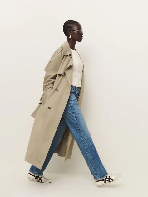 Women's New Clothing | Reformation Longline Trench Coat Outfit, Trench Coats Women Outfit, Long Trench Coat Outfit, Trench Coat Street Style, Trench Coat Fashion, Longline Trench Coat, Wardrobe Checklist, Khaki Trench Coat, Oversized Trench Coat