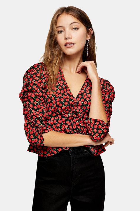 Red Rose Print Ruched Sleeve Blouse | Topshop White Embroidered Shirt, Blouse Images, Statement Sleeves, Ruched Sleeve, Ruched Top, Blouse Price, Professional Attire, Topshop Outfit, Red Blouses