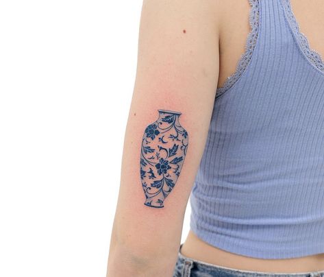 Blue Pottery Tattoo, Ceramics Tattoo Ideas, Delftware Tattoo, Blue Vase Tattoo, Pottery Tattoo Ideas, Blue China Tattoo, Blue Porcelain Tattoo, Pottery Tattoo, Colored Tattoos