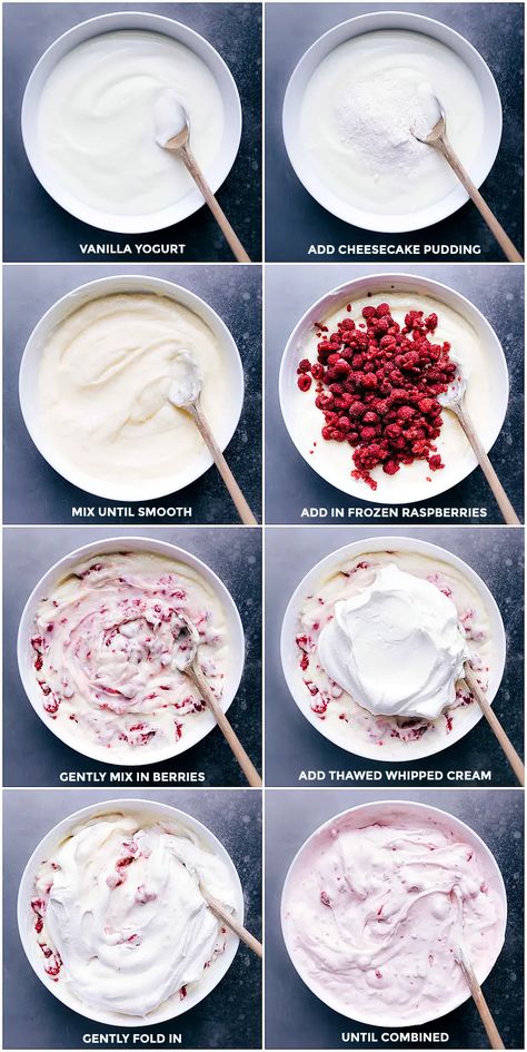 Raspberry Fluff (4 Ingredients!) - Chelsea's Messy Apron Raspberry Salad Recipes, Raspberry Cheesecake Fluff, Raspberry Fluff, Cheesecake Fluff, Fluff Salad Recipes, Raspberry Salad, Whipped Yogurt, Yogurt Dessert, Raspberry Yogurt