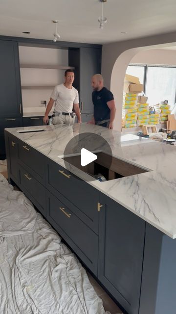 Doran Kitchens & Home on Instagram: "BEHIND THE SCENES

Dekton ‘Trance’ being installed in this stunning kitchen! 

The blue tones through this worktop paired with the rich blue undertones in the cabinetry really make this island the focal point of this beautiful design." Dekton Trance, Dekton Kitchen, 3 Tone Kitchen Cabinets, Teal Kitchen Cabinets, Teal Kitchen, Stunning Kitchens, Work Tops, Blue Tones, Modern Kitchen Design