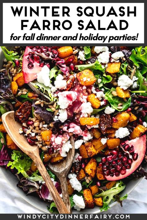 Farro Squash Salad, Fall Salad With Pomegranate, Farro Pomegranate Salad, Farrow Salad Recipes, Feta Pomegranate Salad, Winter Salads For Parties, Fancy Salad Recipes, Squash Farro Salad, Farrow Salad