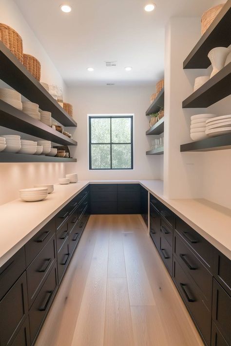 Butlers Pantry And Mud Room Combo, Kitchen With Butlers Pantry Layout, Narrow Butlers Pantry, Black Subway Tiles, Pantry Inspiration, Red Cabinets, Butler’s Pantry, Black Countertops, Butlers Pantry