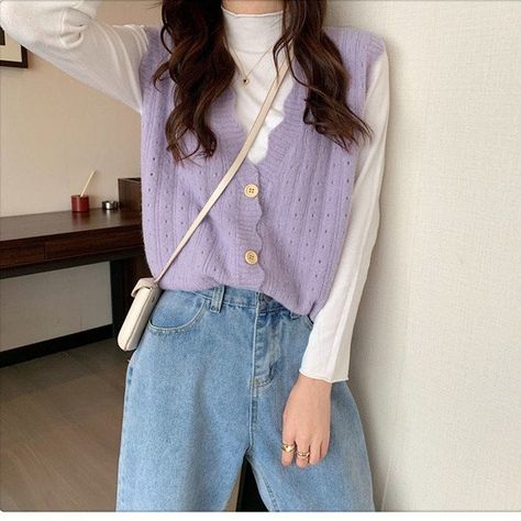 Sweater Vest Women Simple Loose Leisure Candy Color Hollow Out Single Breasted Wave Edge Korean Style Outwear Fashion Lovely New Olivia Outfits, Half Sweater, Fit Checks, Sweater Vest Outfit, Outwear Fashion, Poses Women, Oversized Sweater Cardigan, Cardigan Sweater Vest, Vest Women