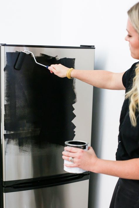 DIY Black Fridge with Brass Pulls - Jenny Komenda Studio Kitchen Design, Studio Kitchenette, Refrigerator Makeover, Black Fridge, Fridge Makeover, Black Fridges, Black Refrigerator, Smeg Fridge, Juniper Home