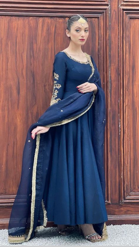 Navy Blue Anarkali Suits, Dark Blue Anarkali Dress, Dark Blue Pakistani Dress, Wedding Dresses Pakistani Party Wear, Blue Pakistani Dress, Dark Blue Party, Blue Anarkali Dress, Party Wear Anarkali, Brown Clothes