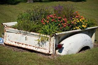 Truck bed used as a planter Truck Bed Garden, Truck Planter, Truck With Flowers, White Truck, Old Truck, Garden Junk, Garden Idea, Garden Area, Farmhouse Wedding