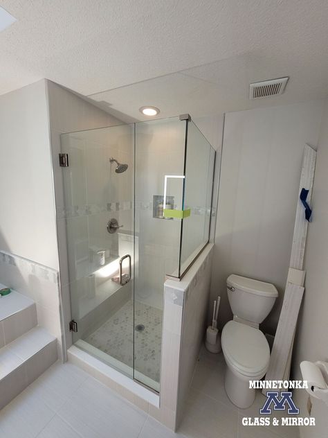 Shower With Half Glass Wall, Showers With Half Glass Walls, Half Shower Glass Door, Half Glass Shower Wall, Half Glass Wall, Glass Shower Wall, Custom Shower Doors, Saving Grace, Bathroom Reno