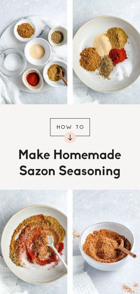 Learn how to make homemade sazon seasoning with a few simple ingredients! You'll love this bold, easy sazon seasoning for rice recipes, meats, veggies and more. Store a big batch right at home for an amazing flavor boost to your meals! Homemade Sazon, Sazon Recipe, Homemade Fajitas, Sazon Seasoning, Fajita Spices, Homemade Taco Seasoning Recipe, Homemade Seasoning, Homemade Fajita Seasoning, Taco Seasoning Recipe