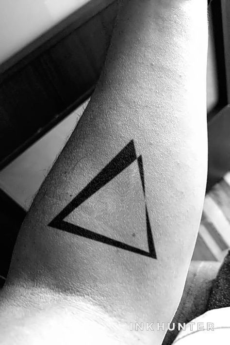 Triangle Forearm Tattoo, Triangle Tattoos Men, Mens Arm Band Tattoo Ideas, Geometric Triangle Tattoo Design, Architect Tattoo Ideas, Black Triangle Tattoo, Inner Wrist Tattoos Men, Triangles Tattoo, Inner Arm Tattoo For Men