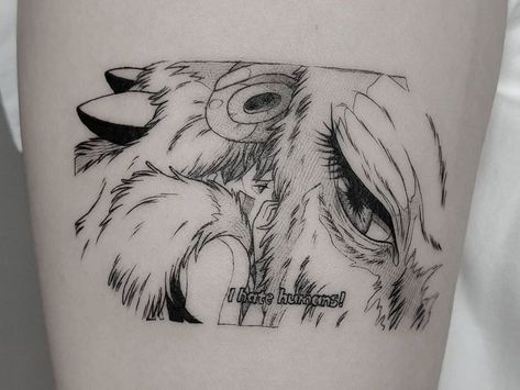 Princess Mononoke Tattoo, Tatuaje Studio Ghibli, Tatuaje Cover Up, Studio Ghibli Tattoo, Romantic Tattoo, Ghibli Tattoo, Princess Tattoo, Wolf Tattoo Design, Large Tattoos