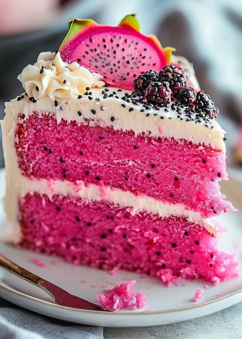 Dragon Fruit Recipe Meals, Dragon Fruit Dessert Recipes, Dragon Fruit Cake, Fruit Layer Cake, Dragon Fruit Recipe, Dragon Fruit Dessert, Exotic Desserts, Dragonfruit Recipes, Passion Fruit Cake