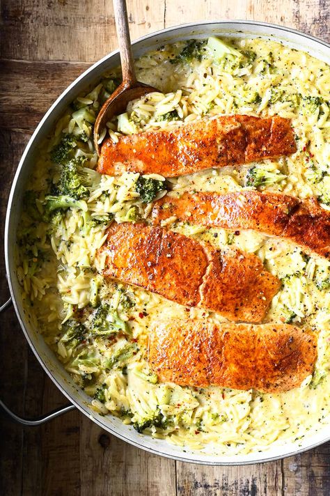 One Pot Fish Meals, Quick Salmon Dinner, Orzo And Salmon Recipes, Salmon With Orzo Pasta, Salmon And Broccoli Recipes, One Skillet Salmon With Lemon Orzo, Salmon And Orzo Recipe, Orzo Salmon, Salmon Broccoli Recipes