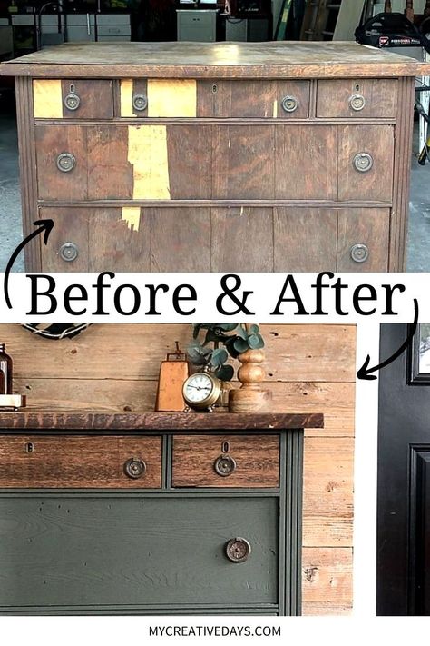 Transform an old dresser into a beautiful rustic furniture makeover with our step-by-step green rustic dresser makeover! Dressers are the perfect upcycled home décor project, great for beginner or advance furniture flippers. Click through for the full DIY dresser makeover tutorial. Rustic Dresser Makeover, Diy Dresser Makeover Ideas, Green Dresser Makeover, Paint Dresser Diy, Dresser Makeover Ideas, Flipped Furniture, Dresser Makeovers, Nightstand Makeover, Dresser Diy