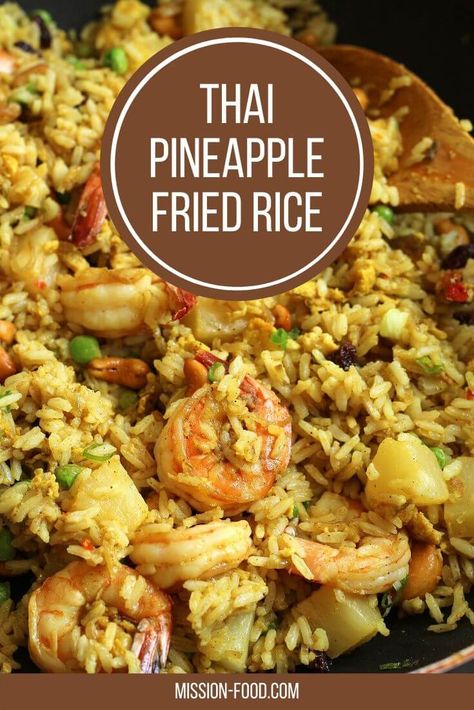 This authentic better-than-takeout Thai Pineapple Fried Rice is the perfect savory/sweet recipe to satisfy your cravings. Adding succulent shrimp to this colorful concoction provides a boost of protein and tons of flavor. Thai Pineapple Shrimp Curry, Thai Pineapple Fried Rice Recipe, Thai Curry Fried Rice, Thai Pineapple Rice, Thai Fried Rice Recipe Chicken, Shrimp Pineapple Recipes, Seafood Fried Rice Recipes, Thai Fried Rice Recipe Authentic, Shrimp And Pineapple Recipes