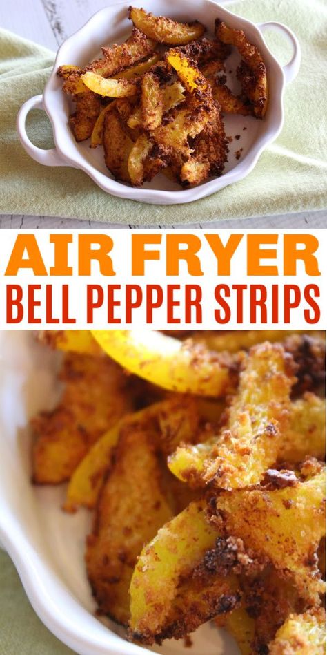 Air Fryer Breaded Bell Pepper Strips are simple to make and a crispy healthy snack or side dish. This is a great alternative to french fries. #airfryer #bellpeppers #sidedish #airfryerrecipes #peppers #healthyrecipes Airfryer Bell Pepper, Bell Pepper Air Fryer Recipes, Fried Banana Peppers, Bell Pepper Sandwich, Recipes With Banana Peppers, Air Fryer French Fries, Pepper Sandwich, Bell Pepper Recipes, Airfryer Recipes