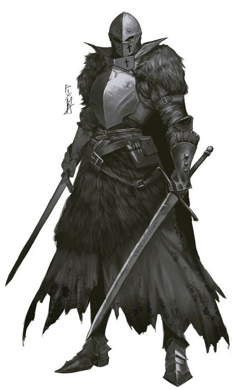 Female Knight In Black Armor, Undead Knight Art, White Haired Swordsman, Magic Knight Art, Dnd Knight Character Design, Rune Knight Dnd, Dnd Knight Art, Black Knight Armor, Knight Oc Male