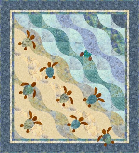 The Original Beach Crawl Beach Themed Quilts, Sea Turtle Quilts, Girl Quilts Patterns, Ocean Quilt, Turtle Quilt, Beach Quilt, Sea Quilt, Waves Beach, Applique Quilt Patterns