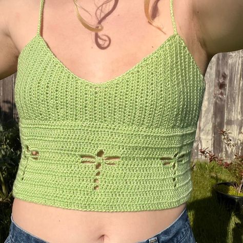 Look what I just found on Depop 🙌 https://depop.app.link/XYtG1XtX0rb Dragonfly Crochet Top, Grey Crochet Top, Hippie Crochet Top, Dragonfly Crochet, Green Crochet Top, Hippie Crochet, Crochet Halter Top, Crochet Ladies Tops, Cardigan Design