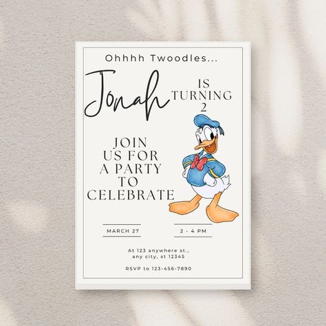 Minimalist Donald Duck Invitations Donald Duck Birthday, Donald Duck Party, Duck Party, Duck Birthday, Baby Drawing, Printable Birthday Invitations, Invitation Printable, Birthday Invite, 2nd Birthday Parties