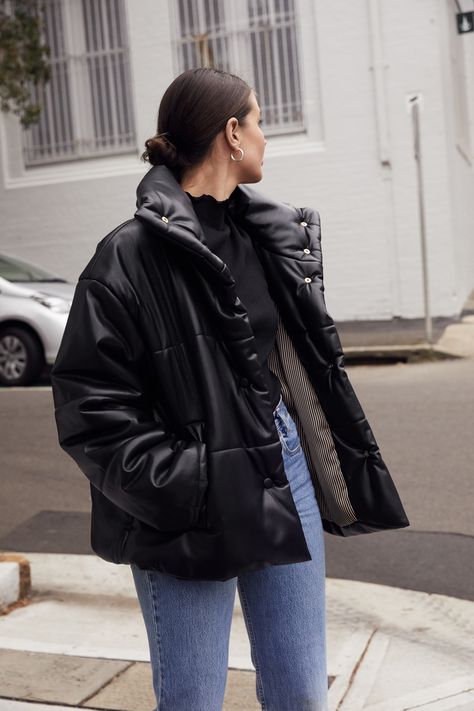 The Puffy Jacket Puffy Outfit Winter, Puffy Black Jacket Outfit, Black Leather Puffer Jacket Outfit, Puffy Jacket Outfit, Harper And Harley, Black Winter Jacket, Long Sleeve Kimono, Puffy Jacket, Now Is The Time