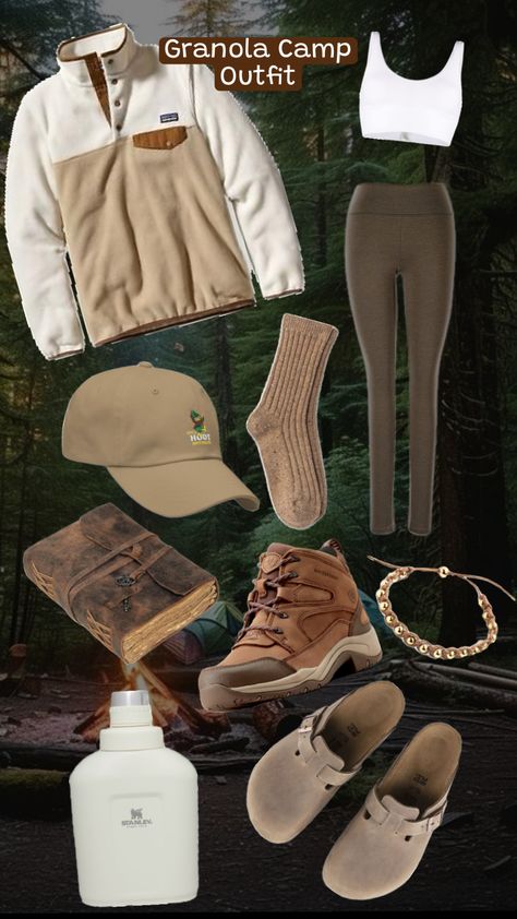 Brown leggings, white sports bra top, Patagonia synchilla snap up, don’t pollute dad hat, ariat hiking boots, leather bound journal, Birkenstock clogs, slouchy knit camp socks Outfits With Hiking Boots, Granola Aesthetic, Camp Socks, Birkenstock Clog, Birkenstock Clogs, Birkenstock Outfit, Camping Vibes, Leather Bound Journal, Brown Leggings