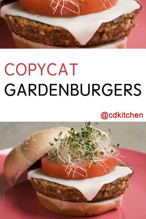 Copycat Gardenburger - The store-bought, frozen ones are always a bit disappointing, but that doesn't mean veggie burgers can't be great. Bulgur, soaked oats and mushrooms help make this Gardenburger clone a hearty veggie patty. Brown them, bake them, then load them up with toppings!. Made with bulgur wheat, fresh mushrooms, onion, oatmeal, brown rice, Mozzarella cheese, Cheddar cheese, cottage | CDKitchen.com Rice Burger Recipe, Soaked Oats, Garden Burger, Veggie Patty, Bulgur Wheat, Veggie Patties, Baked Mushrooms, Cheese Cheddar, Veggie Burgers Recipe