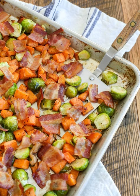 Roasted Sweet Potatoes with Brussels Sprouts and Bacon | Barefeet in the Kitchen Pan Roasted Brussel Sprouts, Creamed Cabbage, Sweet Potato Bacon, Sprouting Sweet Potatoes, Mushroom Broccoli, Sweet Potatoe Bites, Bacon Brussel Sprouts, Potato Bites, Broccoli Pasta