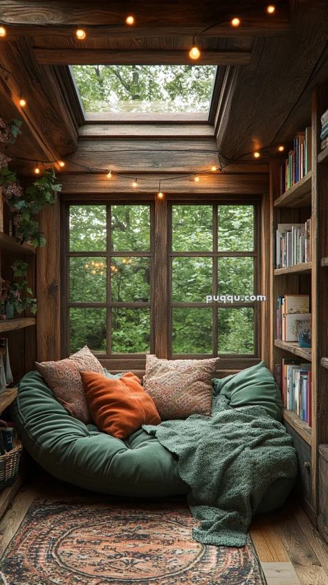 Cozy Cabin Vibes: Inspiring Interior Design Ideas - Puqqu Cabin Green Interior, Cabin Library, Cabin Vibes, Room Vibes, Cosy Room, Cabin Living, Log Cabin Homes, Cabin Life, Chair Bed