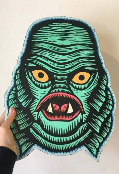 Creature From The Black Lagoon Art, Black Lagoon Monster, Creature Black Lagoon, Vintage Monsters, Printmaking Ideas, Creature From The Black Lagoon, The Black Lagoon, Samhain Halloween, Halloween Crafts Decorations