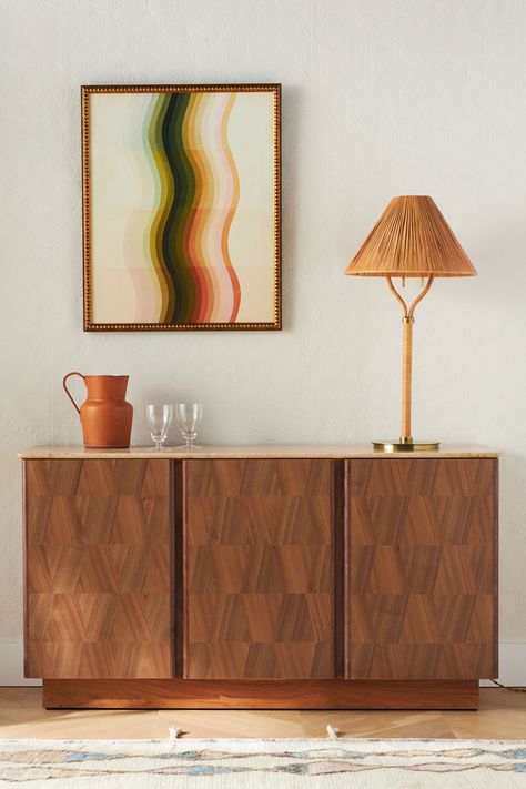 Bring timeless style into your home with our Jett Buffet Sideboard. Crafted from natural Walnut and topped with marble. Kitchen Buffet Table, Marquetry Furniture, Walnut Buffet, Marble Top Sideboard, Unique Sideboard, Dining Room Sideboard, Living Room Console, Interior Shelves, Buffet Sideboard