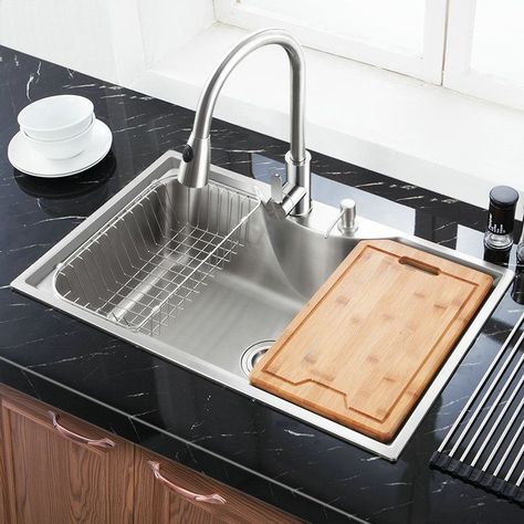 Shop for Modern Kitchen Sink Simple 304 Stainless Steel Sink Arc Design Single Bowl Kitchen Washing Sink with Drain Basket and Liquid Soap Dispenser MF7848B at Homelava.com with the lowest price and top service! Faucets Ideas, Modern Kitchen Sinks, Kitchen Sink Design, Kabinet Dapur, Arc Design, Smart Bathroom, Liquid Soap Dispenser, Stainless Steel Sink, Steel Kitchen Sink