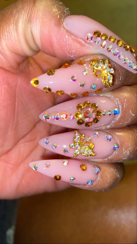 Gummy Nails, Bedazzled Nails, Pink Stiletto Nails, Bling Nails, Gold Rhinestone, Nail Color, Rhinestone Nails, Stiletto Nails, Love Nails