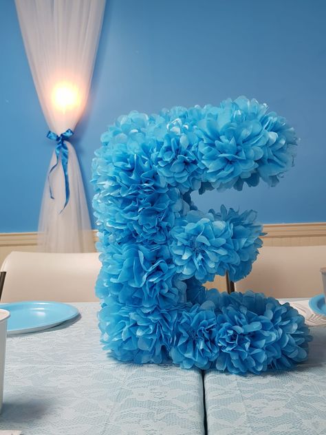 Letter E made with tissue paper flowers Tissue Paper Letters, 1st Birthday Theme, Paper Letters, 1st Birthday Themes, Tissue Paper Flowers, Diy Art Projects, Letter E, Letter Paper, Birthday Theme