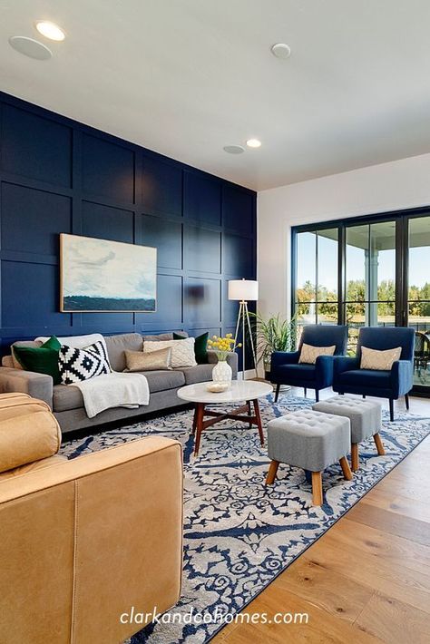 Navy Blue Accent Wall Blue Walls Living Room, Navy Living Rooms, Modern Family Rooms, Blue Accent Walls, Blue Living Room Decor, Accent Walls In Living Room, Mid Century Modern Living Room, Blue Living Room, Blue Rooms