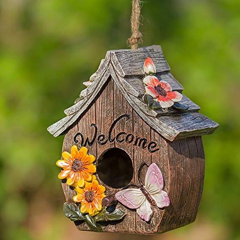 Amazon.com : Butterfly and Flowers Welcome Decorative Hand-Painted Bird House : Garden & Outdoor Hanging Bird Houses, Large Bird Houses, Butterfly And Flowers, Bird House Plans, Welcome Design, Bird House Kits, Bird Aviary, Bird Houses Painted, Decorative Bird Houses