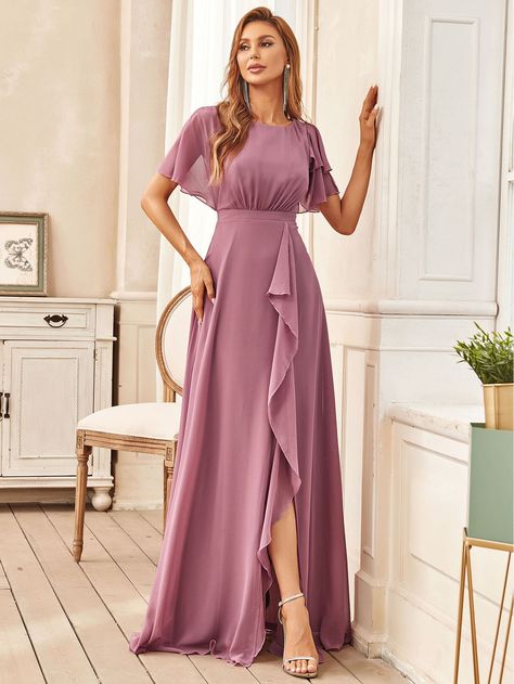 High Neck Bridesmaid Dresses, Short Sleeve Bridesmaid Dress, Mother Dress, Ever Pretty, Mothers Dresses, Mother Of The Bride Dress, Evening Dresses Elegant, Chiffon Prom Dress, Ruffle Sleeves