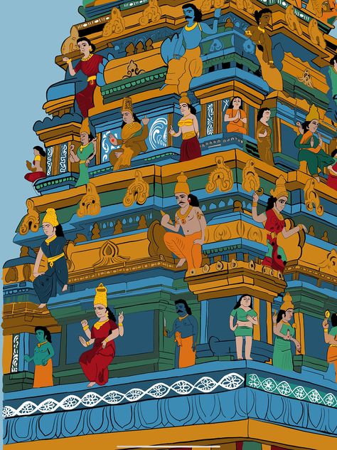 Temple Gopuram on Behance Toranam Designs With Flowers, South Indian Temple Illustration, Gopuram Drawing, Indian Temple Illustration, Gopuram Painting, Devi Painting, Temple Gopuram, Temple Illustration, Arch Sketch