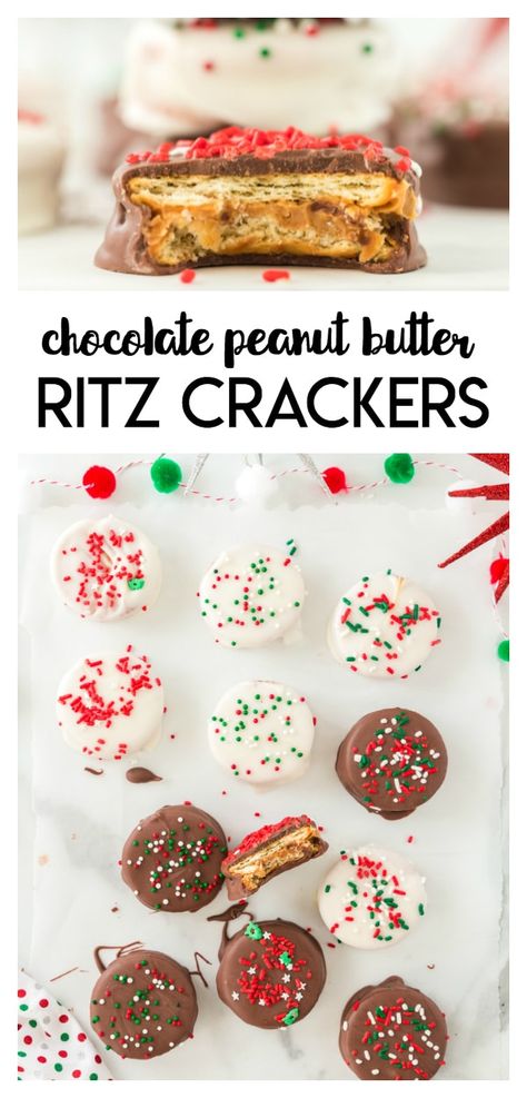 Chocolate Peanut Butter Ritz Crackers:  peanut butter sandwiched between two crackers, covered with chocolate and topped with sprinkles- a delicious holiday treat. Ritz With Peanut Butter And Chocolate, Chocolate Covered Pb Ritz, Chocolate Covered Ritz Crackers With Peanut Butter, Ritz Crackers With Peanut Butter Covered In Chocolate, Saltine Peanut Butter Chocolate, Chocolate Peanut Butter Ritz Cookies, Chocolate Covered Ritz And Peanut Butter, Chocolate Peanut Butter Crackers, Ritz Cracker Chocolate Peanut Butter