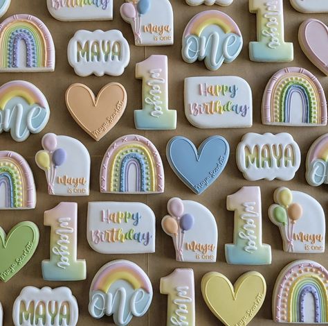 Pastel Birthday Cookies, Happy Birthday Rainbow, Cookie Board, Baby First Birthday Themes, First Birthday Cookies, Twin Birthday Parties, Pastel Birthday, Birthday Cookie, 1st Birthday Party Themes