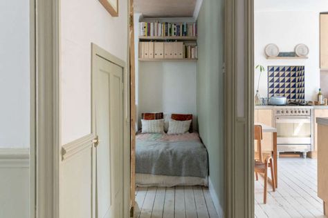 Food Writer Mina Holland's First House Renovation in South London, Budget Edition School House White, Vintage School Chairs, Kitchen Cost, Chair Rail Molding, Country Modern Home, Future Bedroom, Plywood Shelves, House White, Farrow And Ball