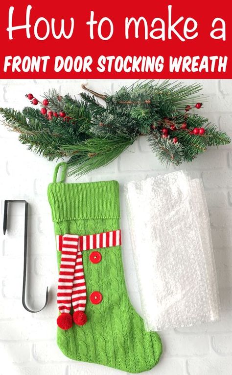 Homemade Outdoor Christmas Decorations Christmas Stocking Wreath Diy, Christmas Stocking Door Decoration, Stocking Wreaths Front Doors, Christmas Stocking Wreath, Christmas Diy Stocking, Christmas Decorations For Front Door, Christmas Stocking Decorating Ideas, Homemade Outdoor Christmas Decorations, Christmas Stocking Craft