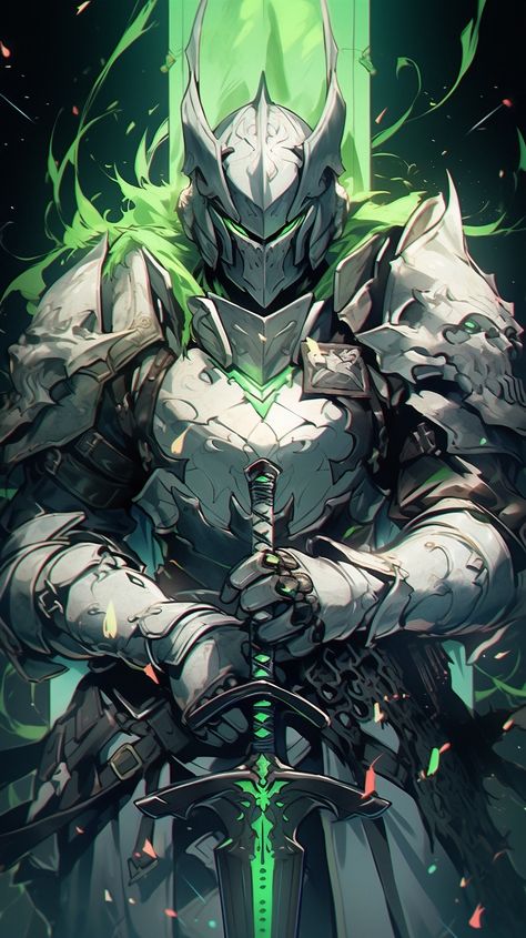 Green Armor Art, Ghost Knight, Paladin Armor, Green Warrior, Green Warriors, Knight Drawing, Anime Knight, Green Knight, Alien Character