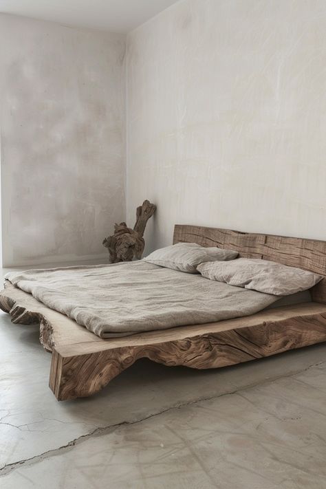 Embrace natural elegance with Wabi Sabi beds that celebrate the beauty of simplicity and authenticity. Create a harmonious sleep environment with organic materials. #NaturalElegance #BedroomDecor #WabiSabiBeds #BedroomIdeas Wabi Sabi Beds, Rustic House Bedroom, Japanese Wabi Sabi Interior, Organic Bedroom Ideas, Wabi Sabi Interior Bedrooms, Wabi Sabi Bed, Wabi Sabi Style Bedroom, Organic Furniture Design, Nature Bedroom Ideas