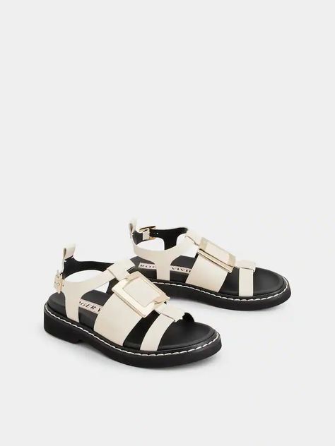 Off White Woman Viv' Rangers Metal Buckle Sandals in Leather RVW64031520BSS42C019 | Roger Vivier Summer Dressing, White Woman, Tough Girl, Girl Attitude, Buckled Heels, Buckle Sandals, Roger Vivier, Bags Mini, Metal Buckles